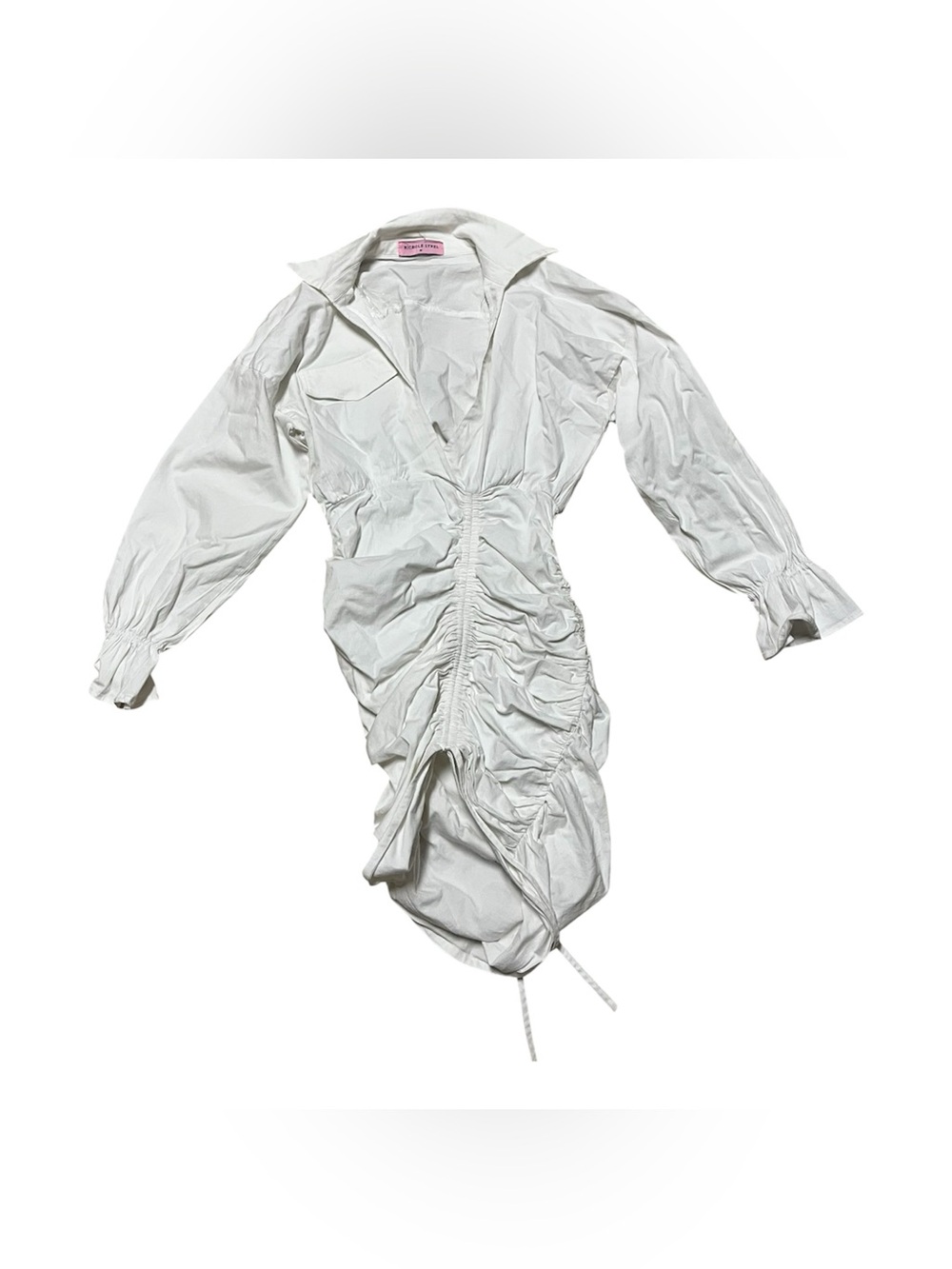 Nichole Lynel White Long Sleeves Mini Shirt Dress Ruched Collar V-Neck Size M